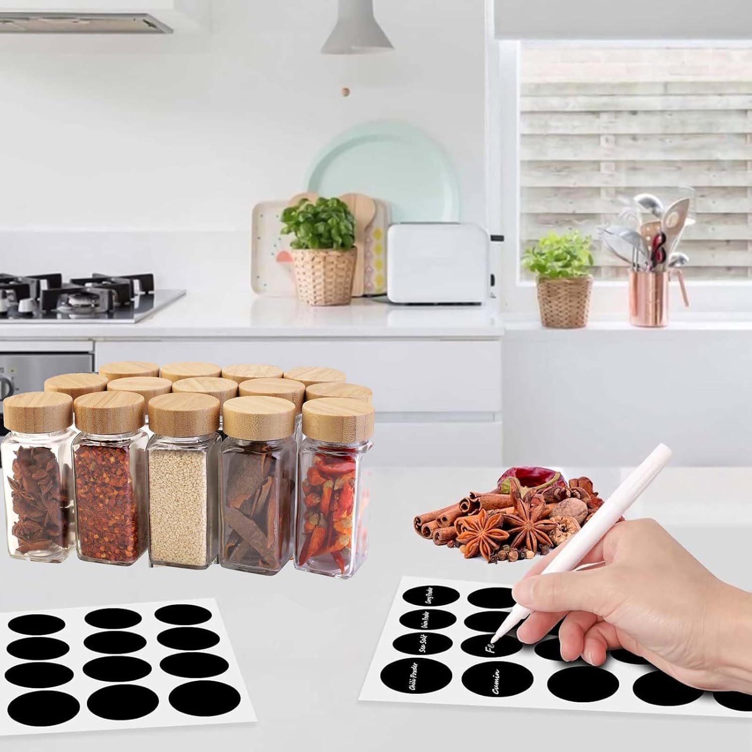 Bamboo Lid Spice Jar Set (24 Pieces)