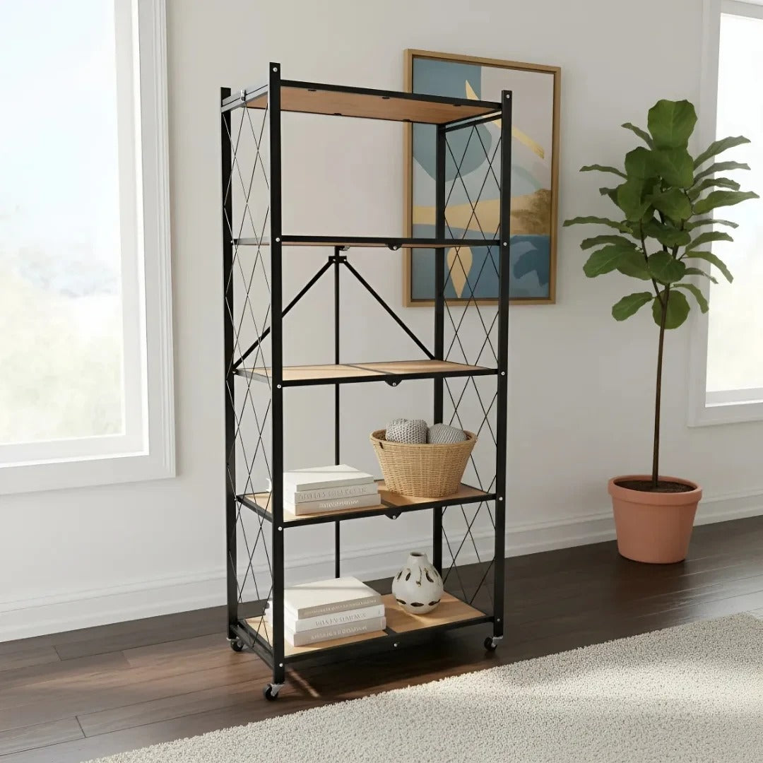 5-Tier Brown Foldable Storage Shelf with Wheels