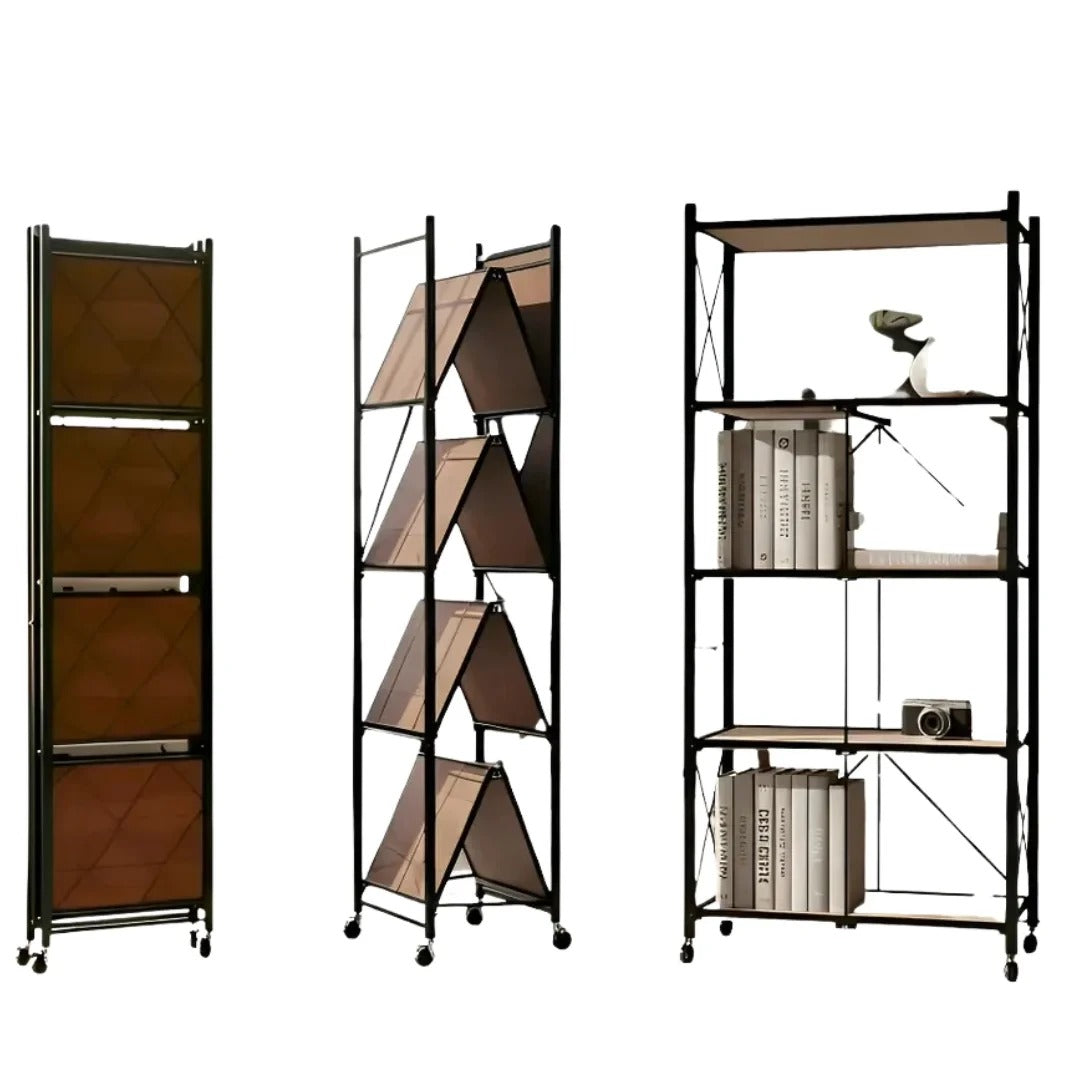 5-Tier Brown Foldable Storage Shelf with Wheels