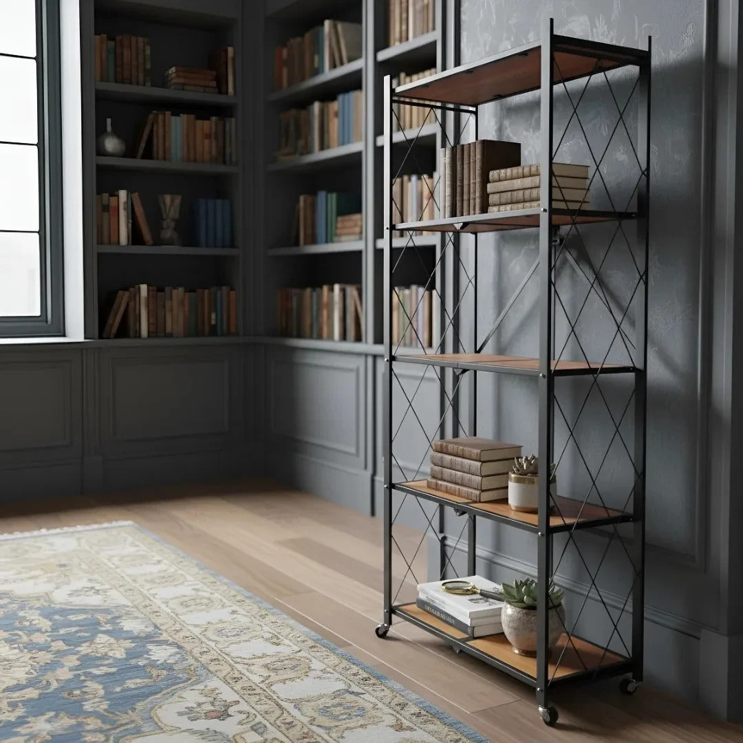 5-Tier Brown Foldable Storage Shelf with Wheels