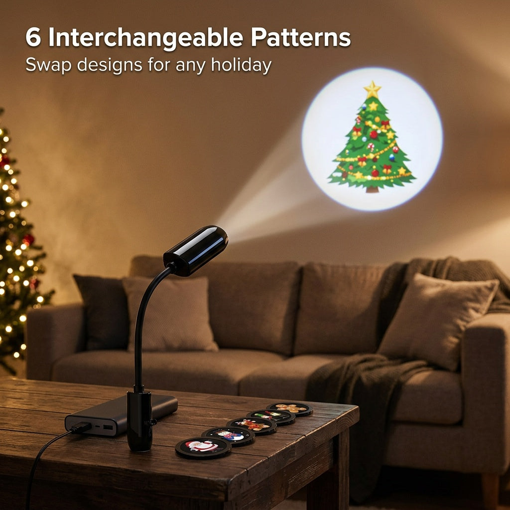 6 interchangeable holiday patterns projected on a living room wall