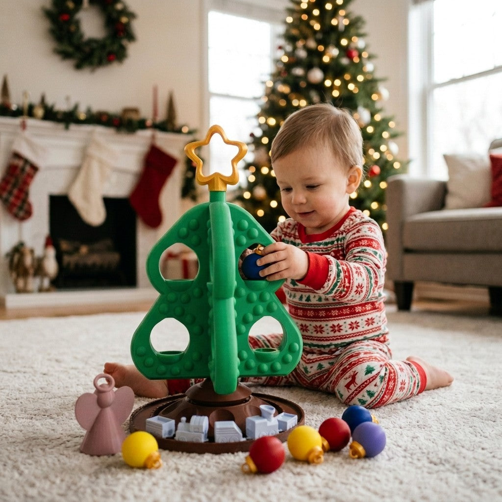 Toddler playing with the Kids Christmas Tree Toy Set