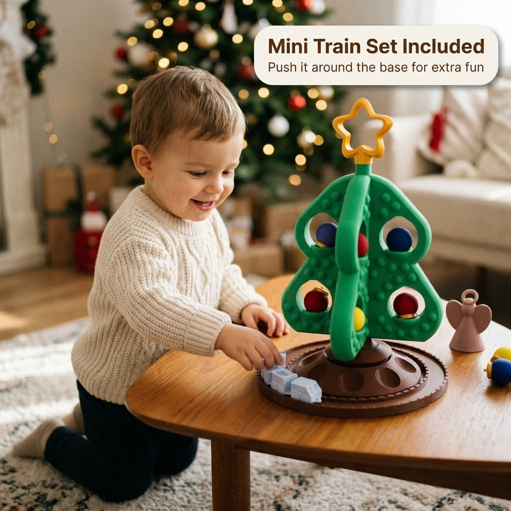 Toddler pushing the mini train around the tree base