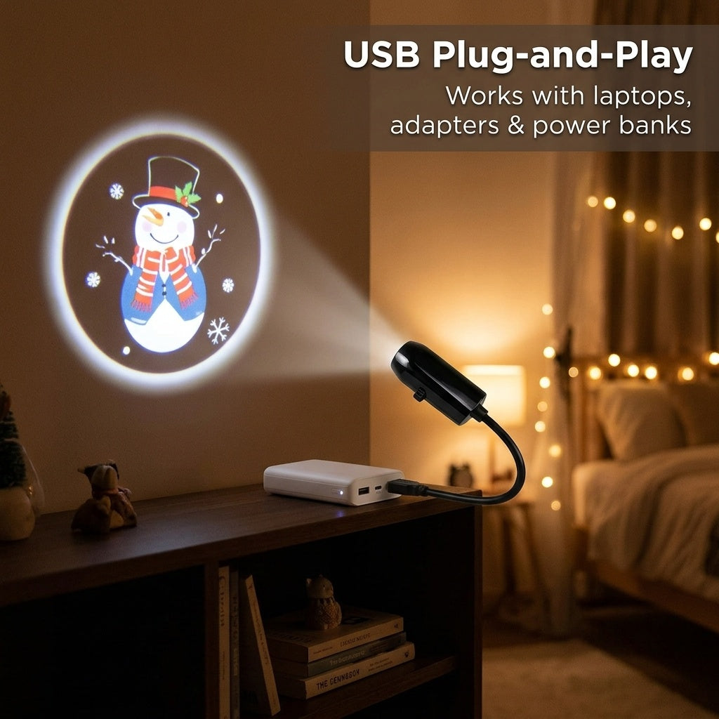 USB plug-and-play Christmas projector powered by a power bank