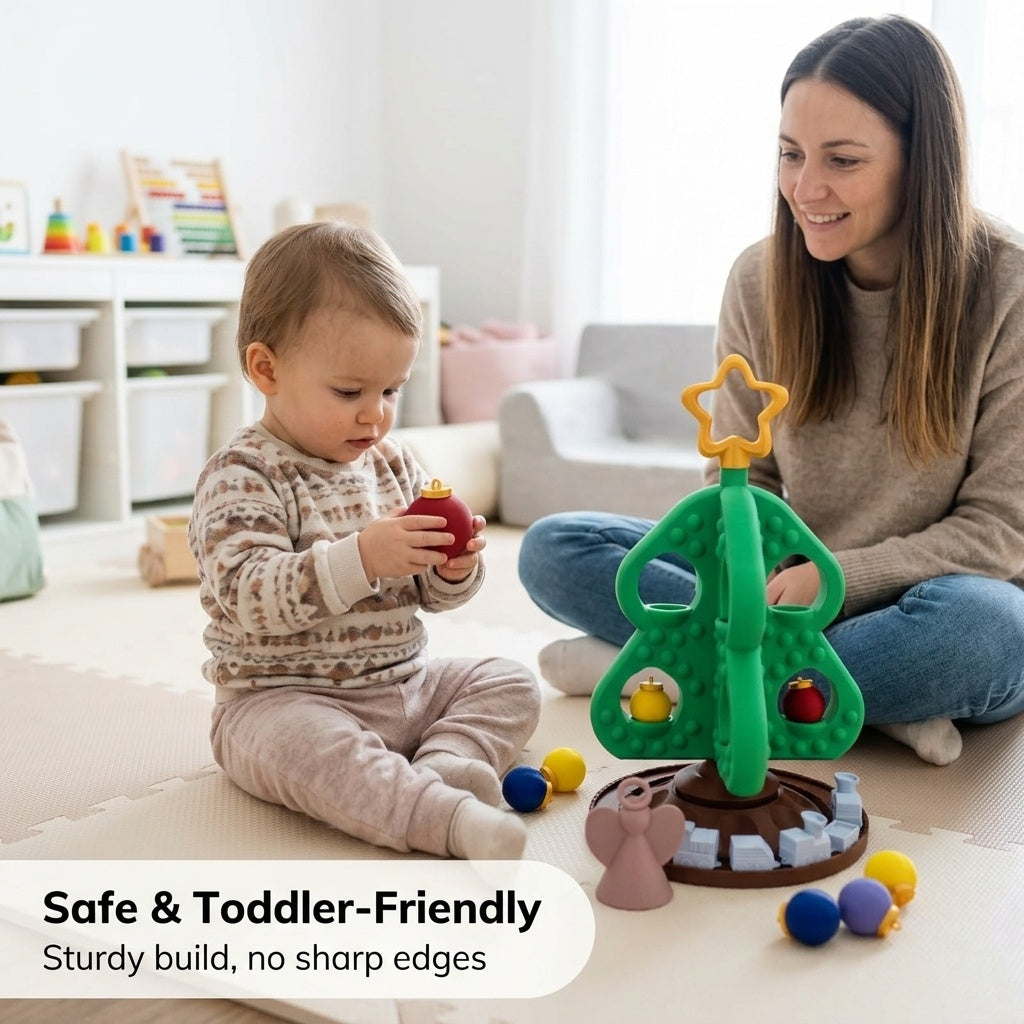 Safe toddler-friendly Christmas tree toy in a playroom