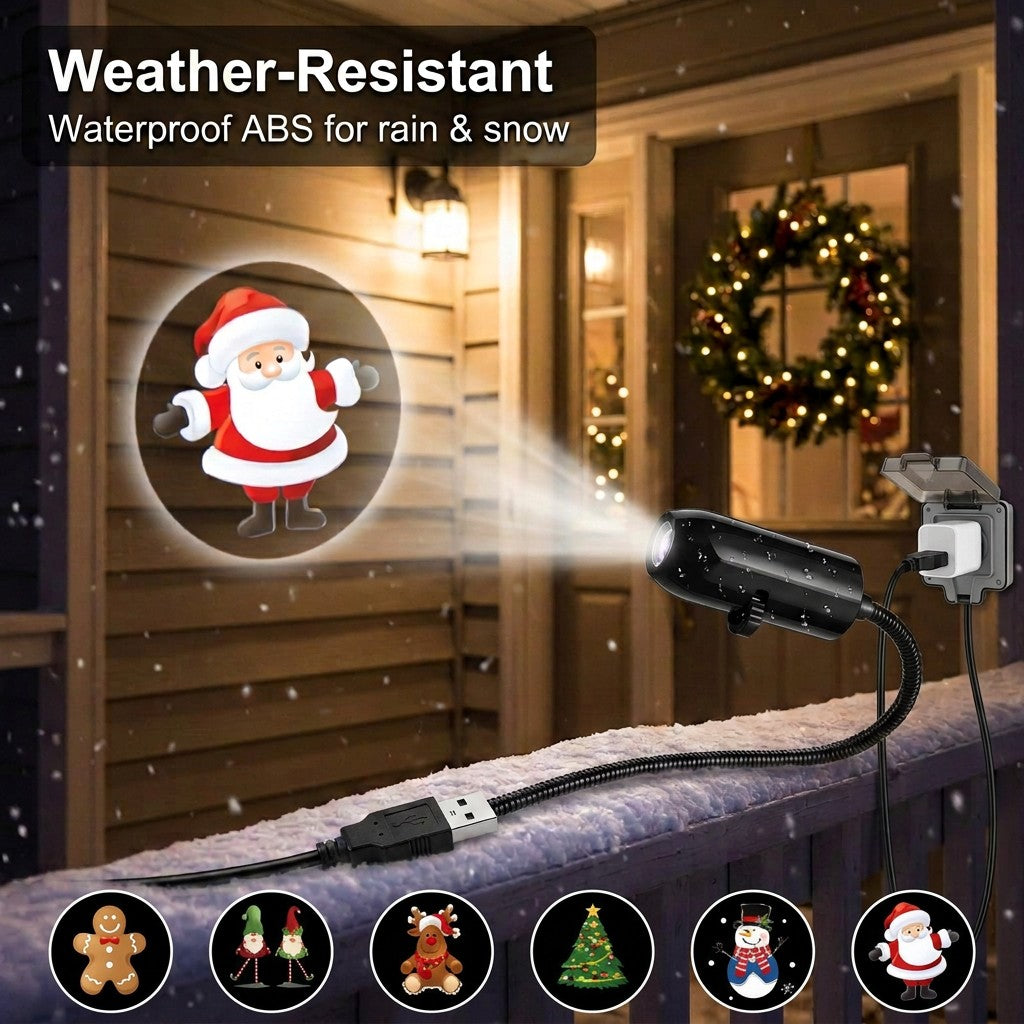 Weather-resistant Christmas projector on a snowy porch projecting Santa