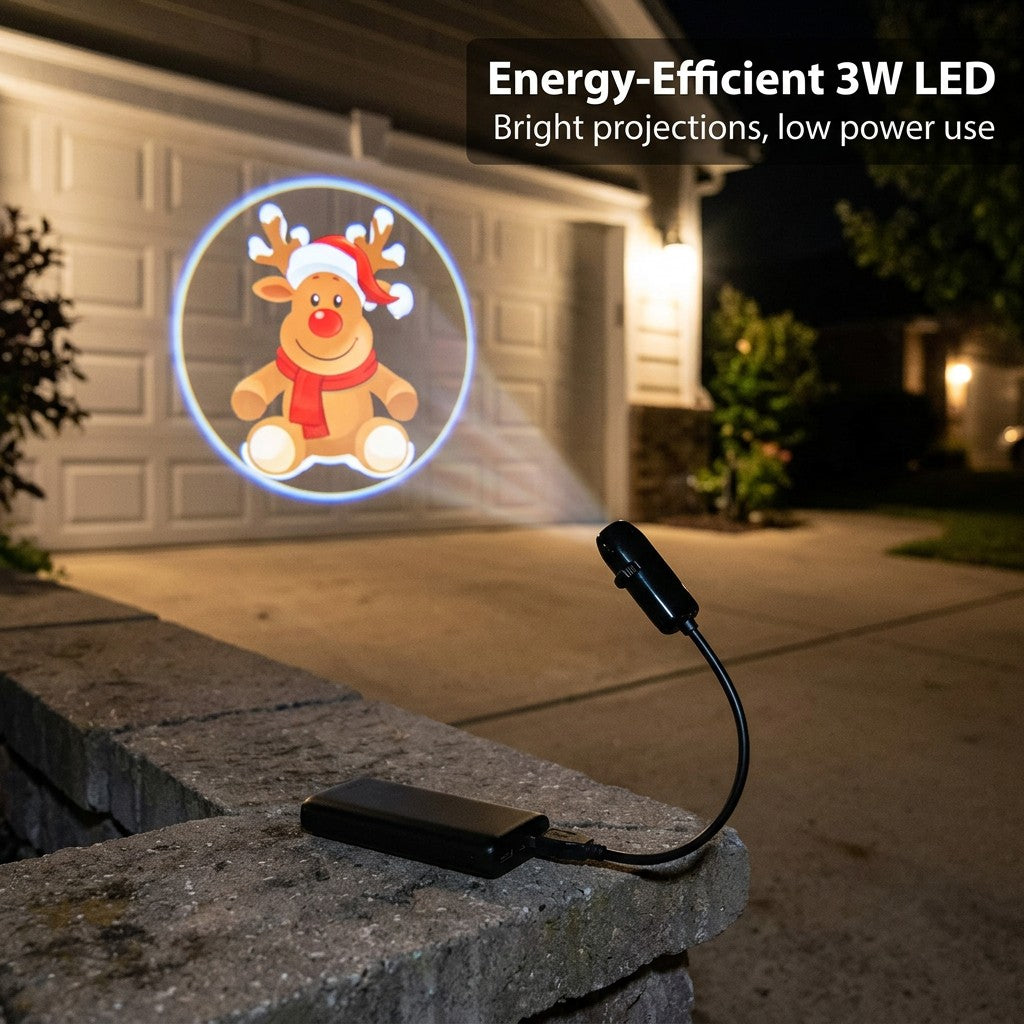 Energy-efficient 3W LED projecting a reindeer onto a garage door