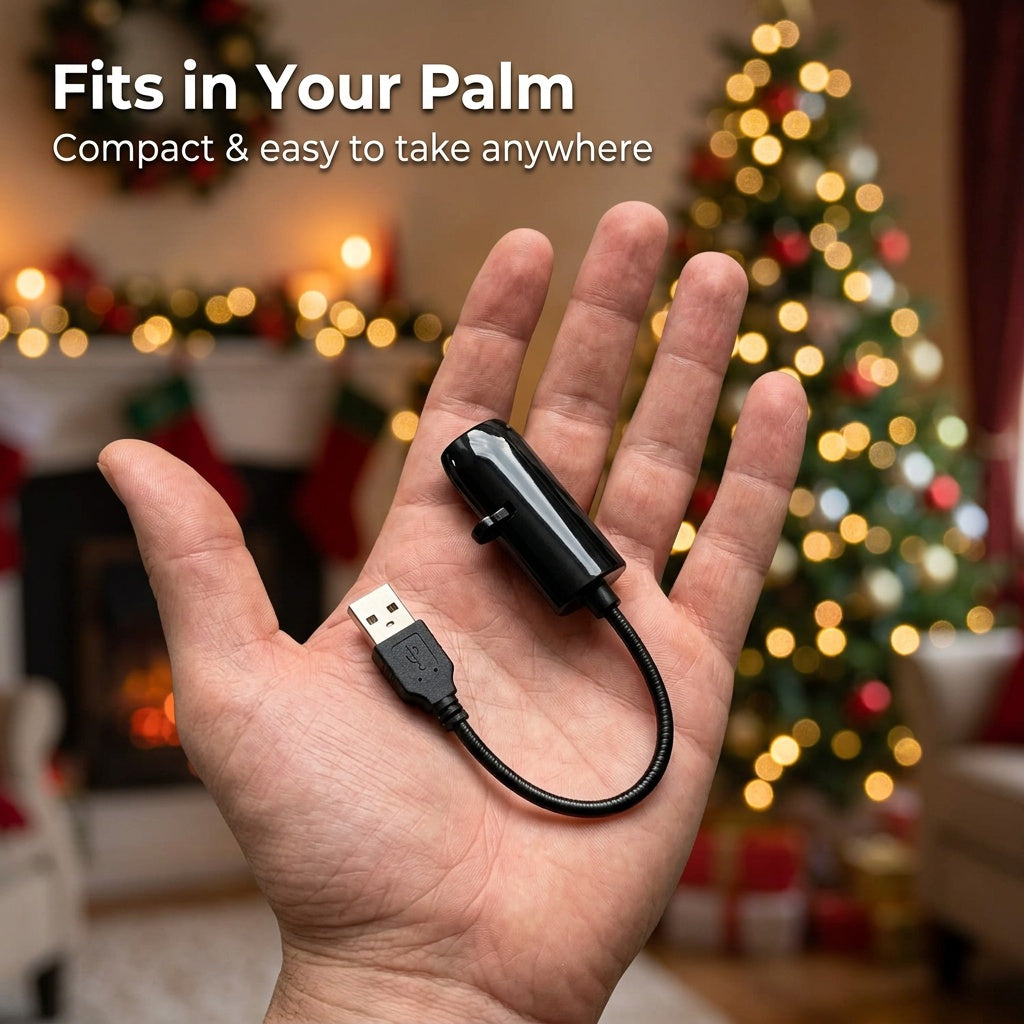 Compact USB Christmas projector held in the palm of a hand