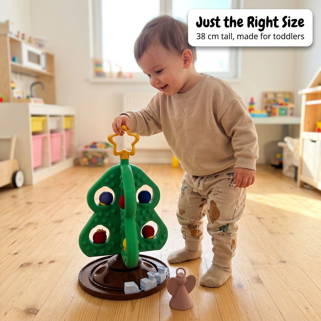 Toddler standing next to the 38 cm tree