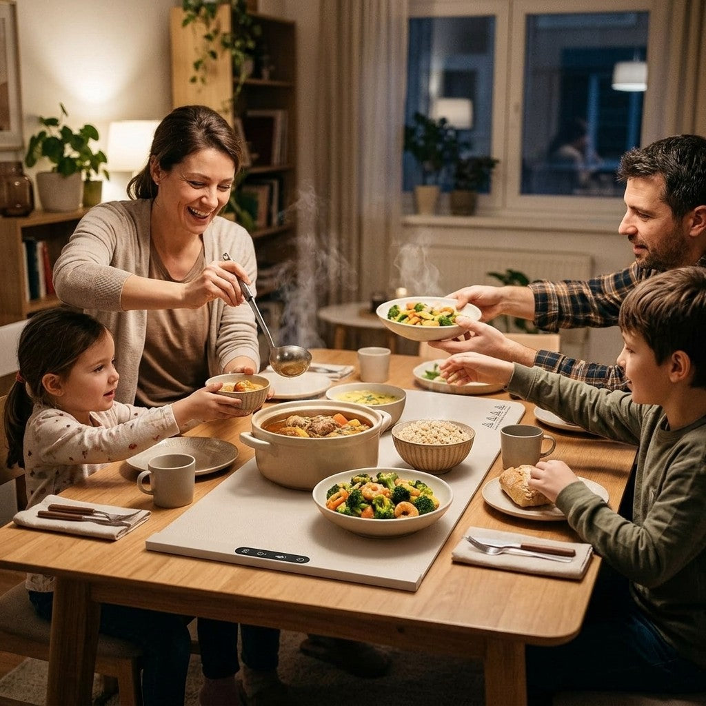 Family serving hot dinner kept warm on the silicone food warming mat
