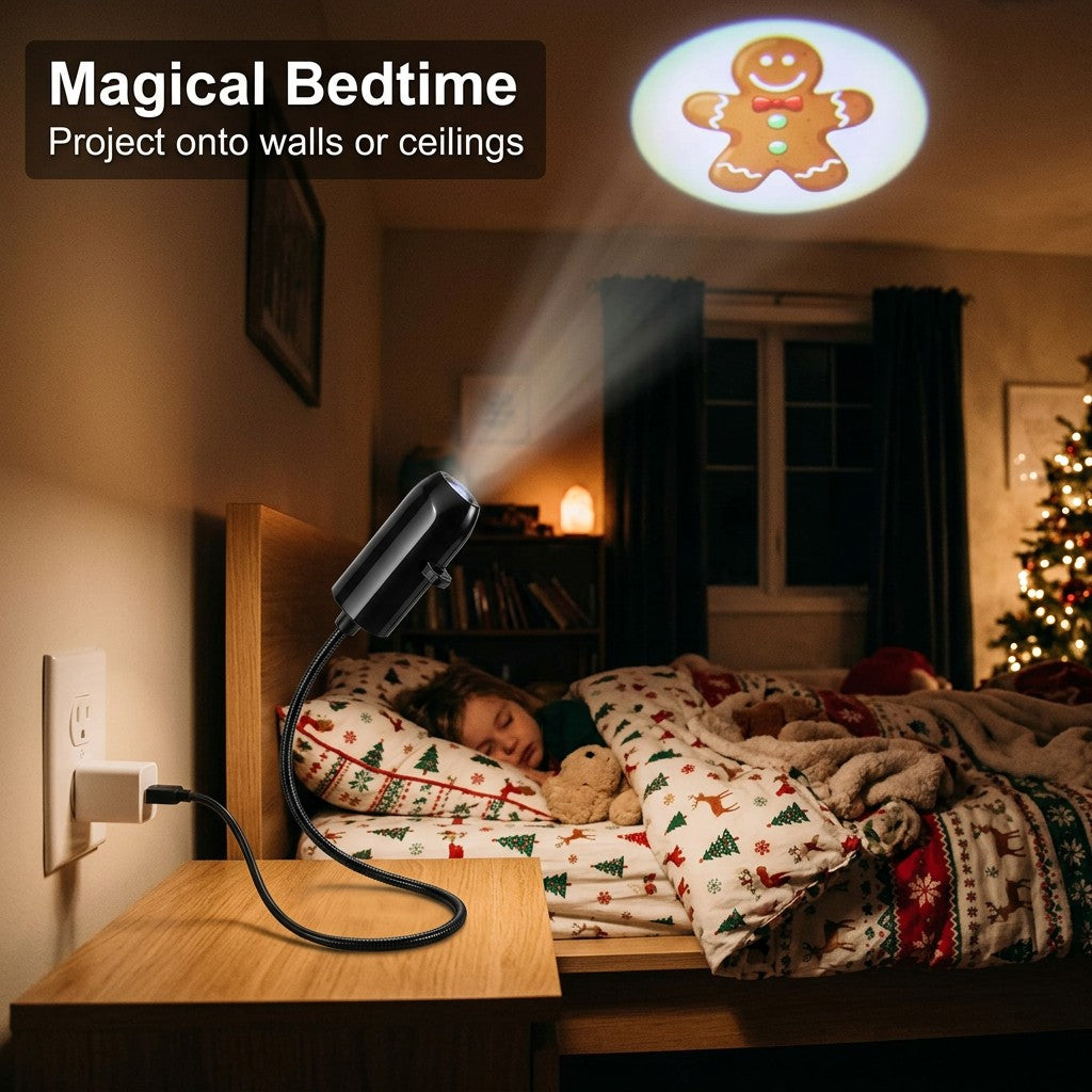 Christmas projector lighting up a kid's bedroom ceiling