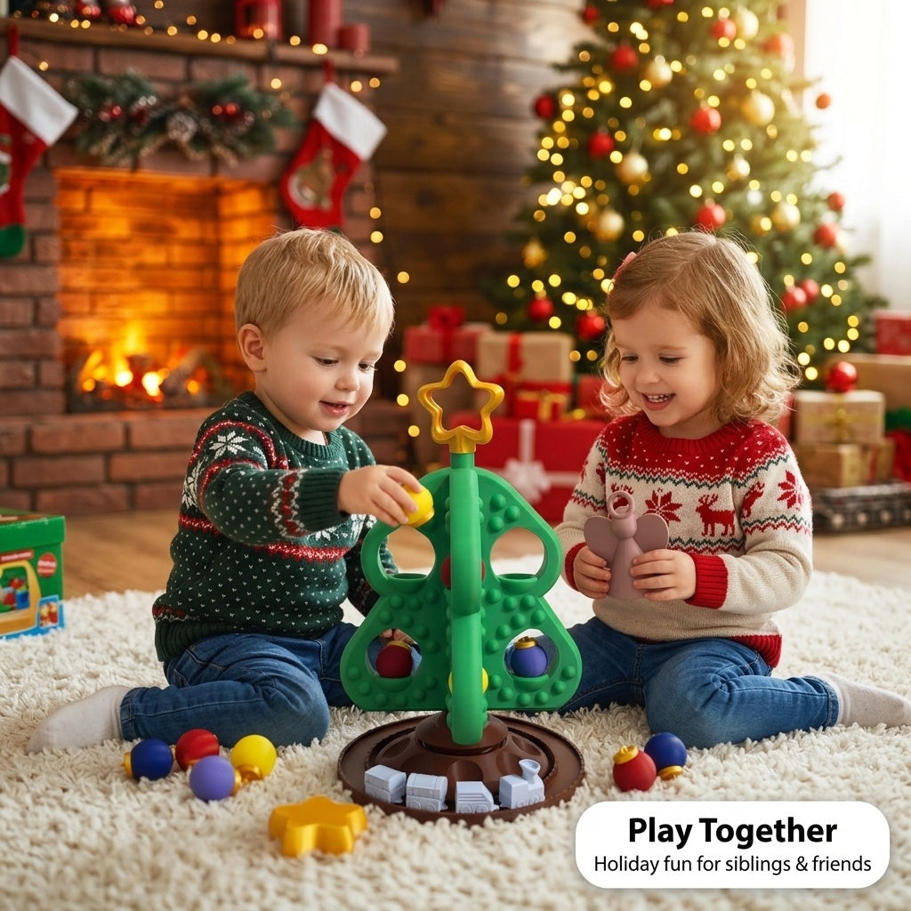 Two toddlers playing together with the Christmas tree toy