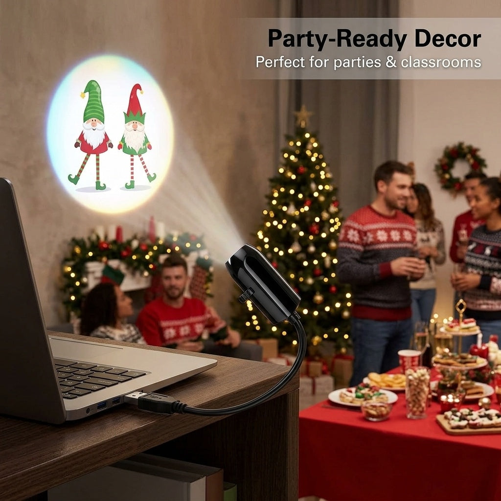 Christmas projector at a holiday party, powered by a laptop