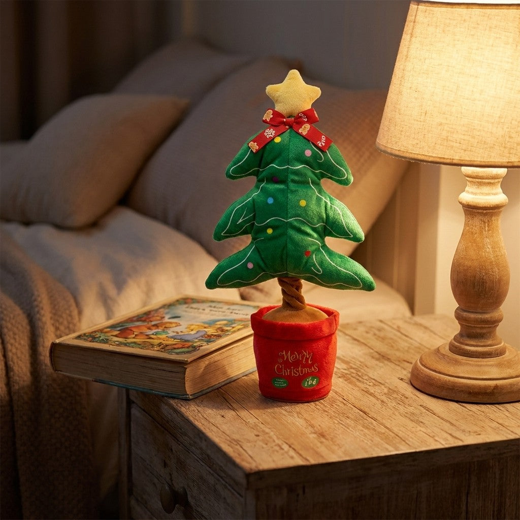 Singing and Talking Christmas Plush Toy - Lifestyle: Tree on a bedside table