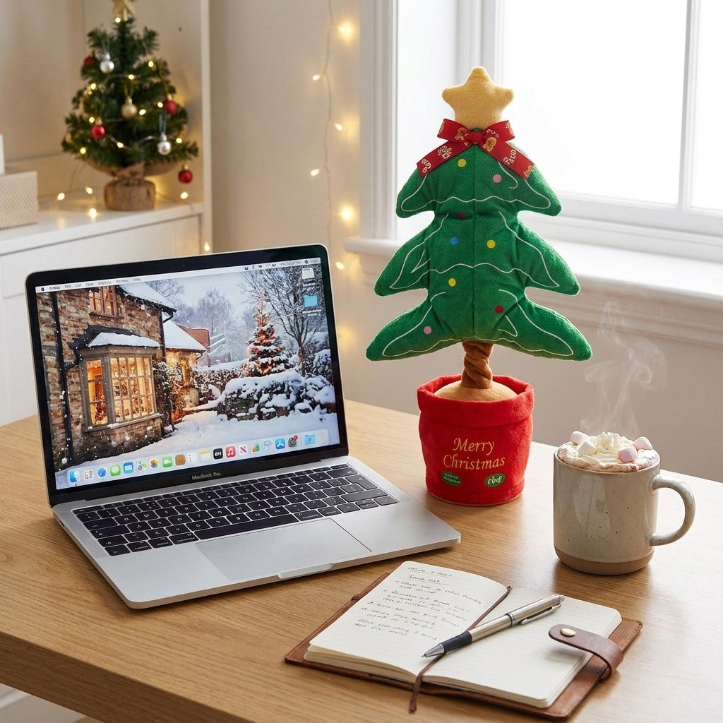 Singing and Talking Christmas Plush Toy - Lifestyle: Tree on a home-office desk