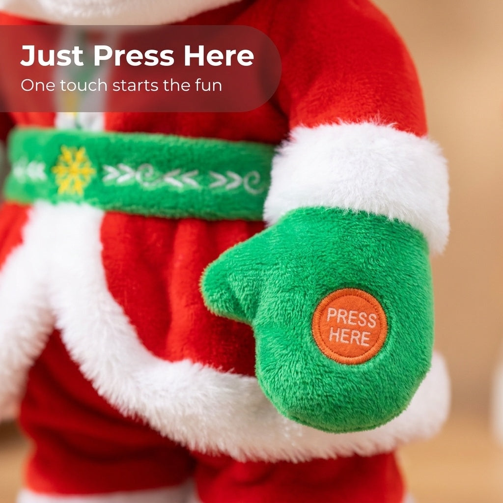 Singing and Talking Christmas Plush Toy - Close-up: PRESS HERE button on Santa's mitten