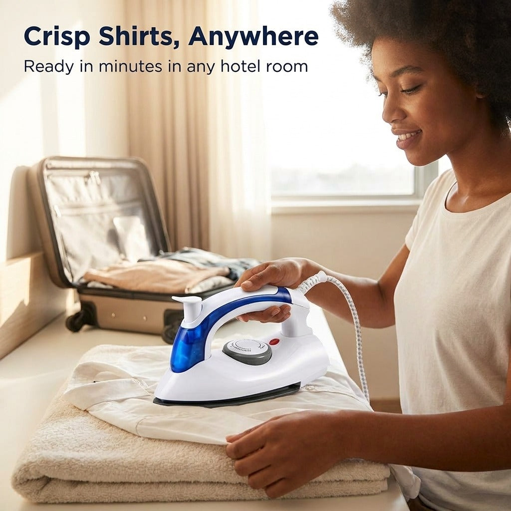 Woman ironing a shirt in a hotel room with the mini travel steam iron