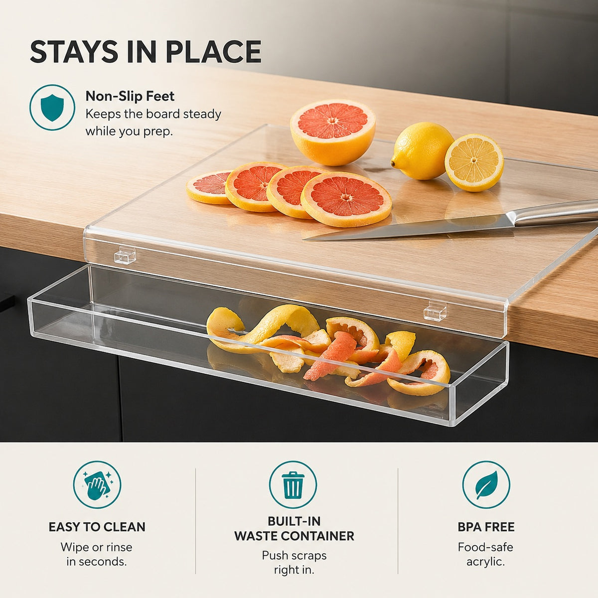 Acrylic Cutting Board with Waste Container