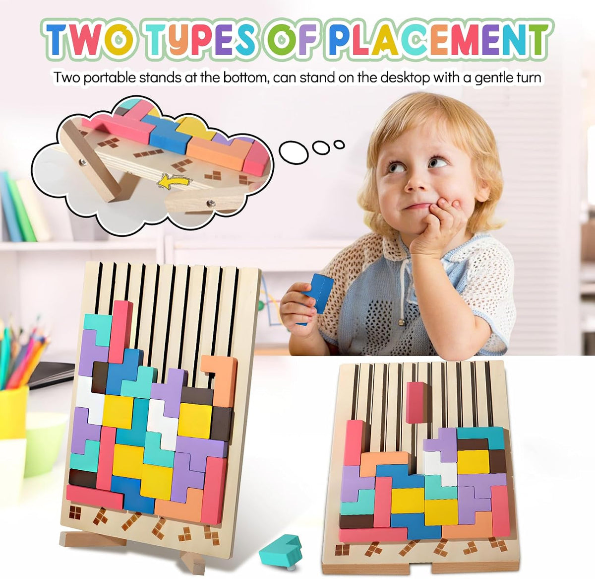 Wooden Tetris Puzzle with Challenge Cards