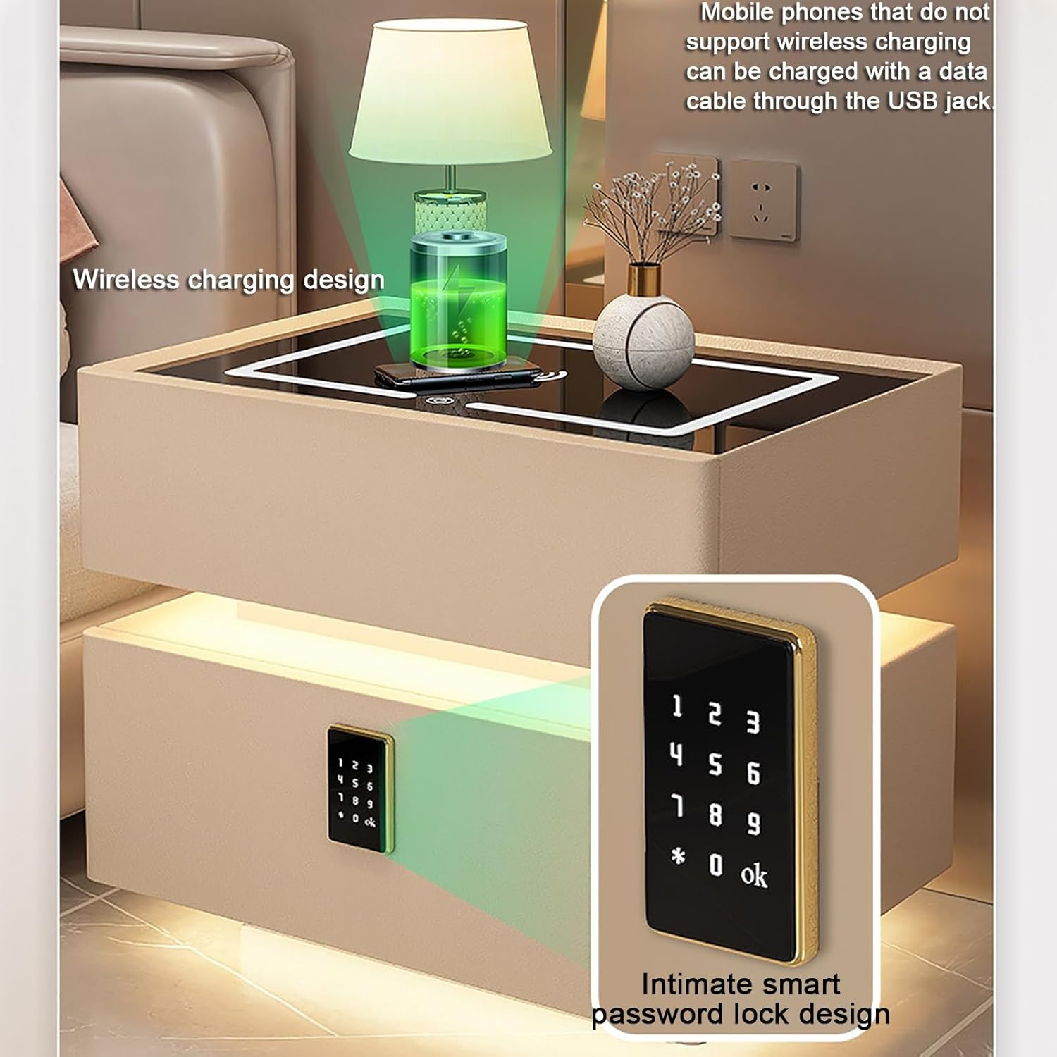 Bedside Safe with Wireless Charging Pad