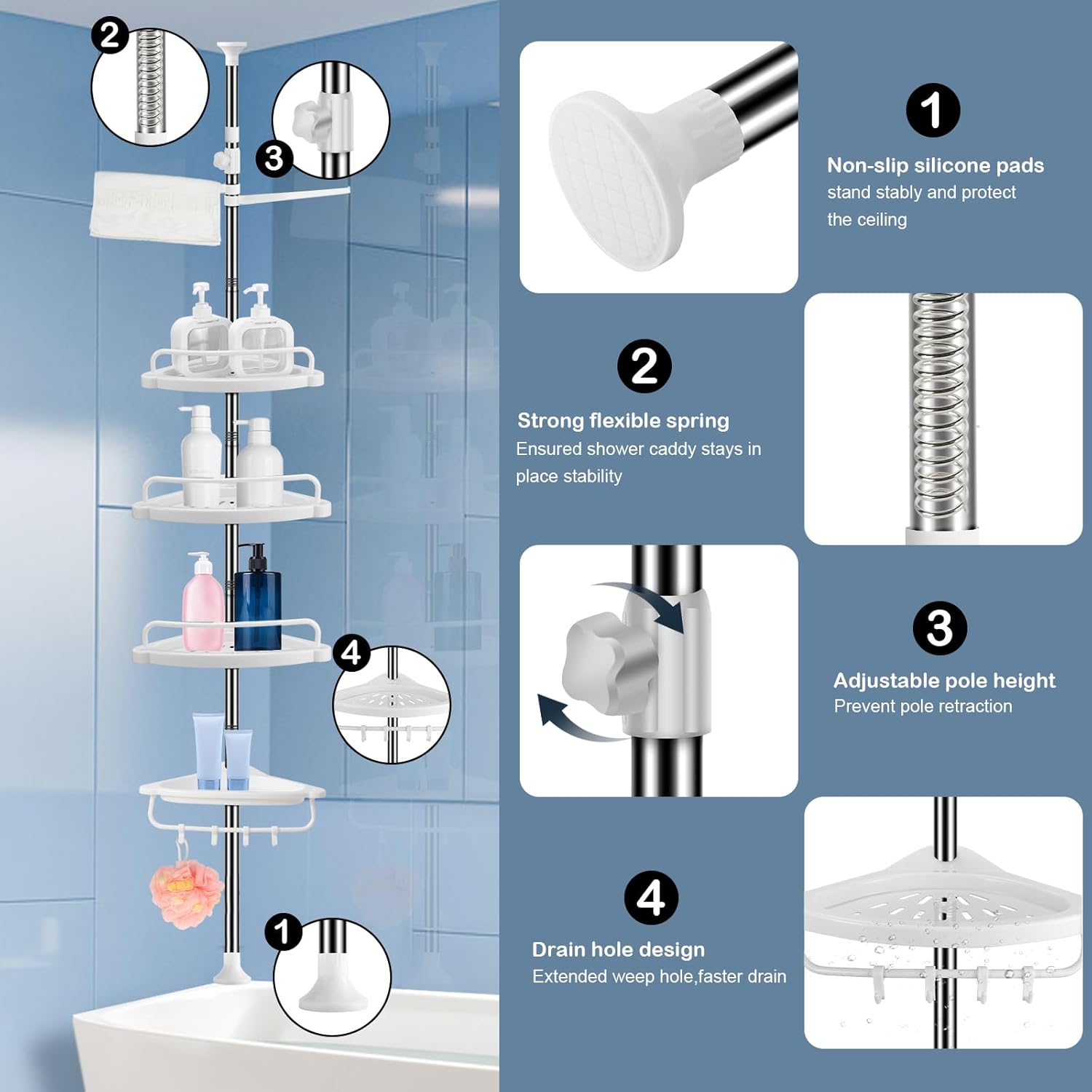 4 Tier Adjustable Shower Corner Shelf