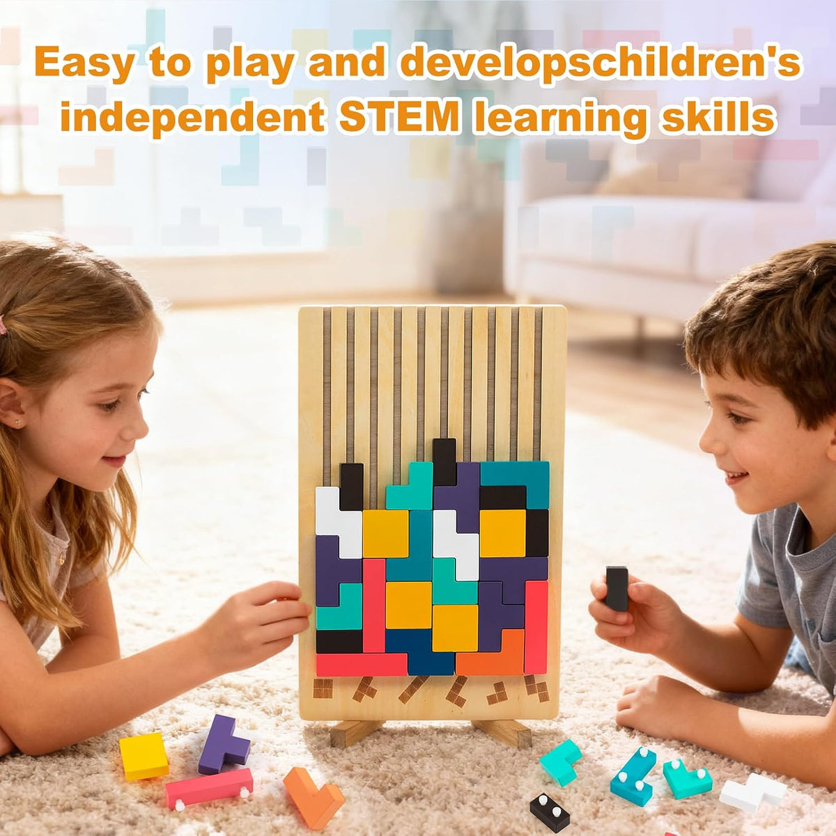 Wooden Tetris Puzzle with Challenge Cards