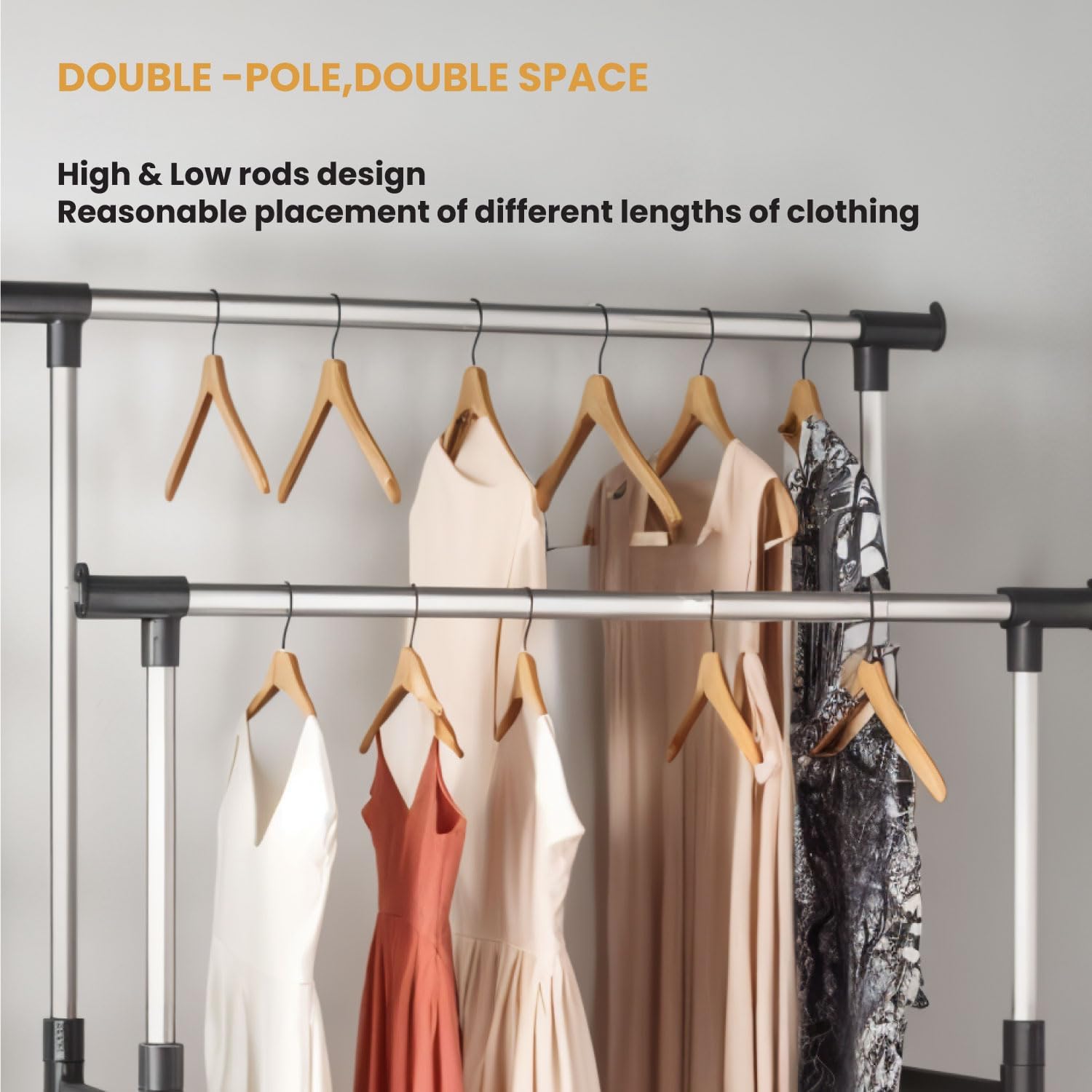 Adjustable Double Rod Rolling Garment Rack