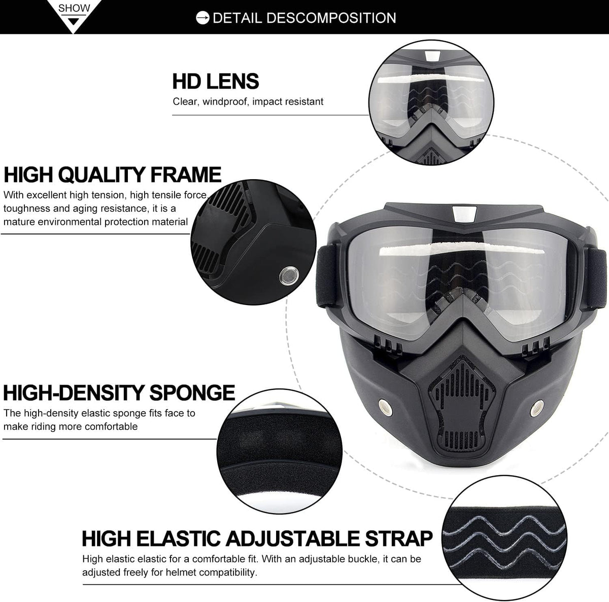 Motorcycle Goggles with Detachable Face Mask