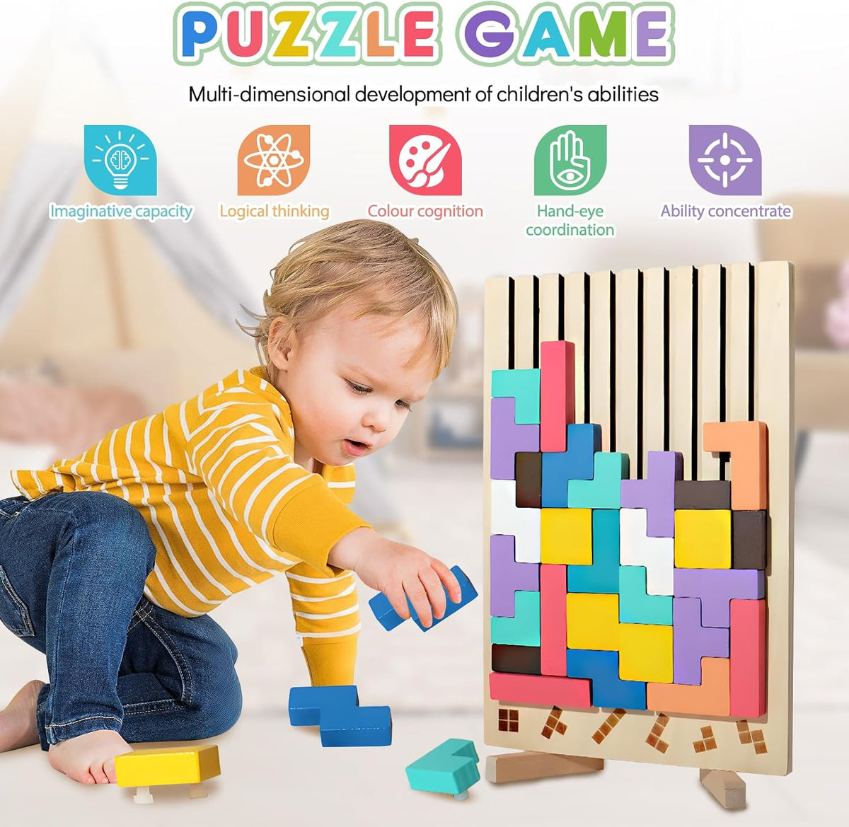 Wooden Tetris Puzzle with Challenge Cards