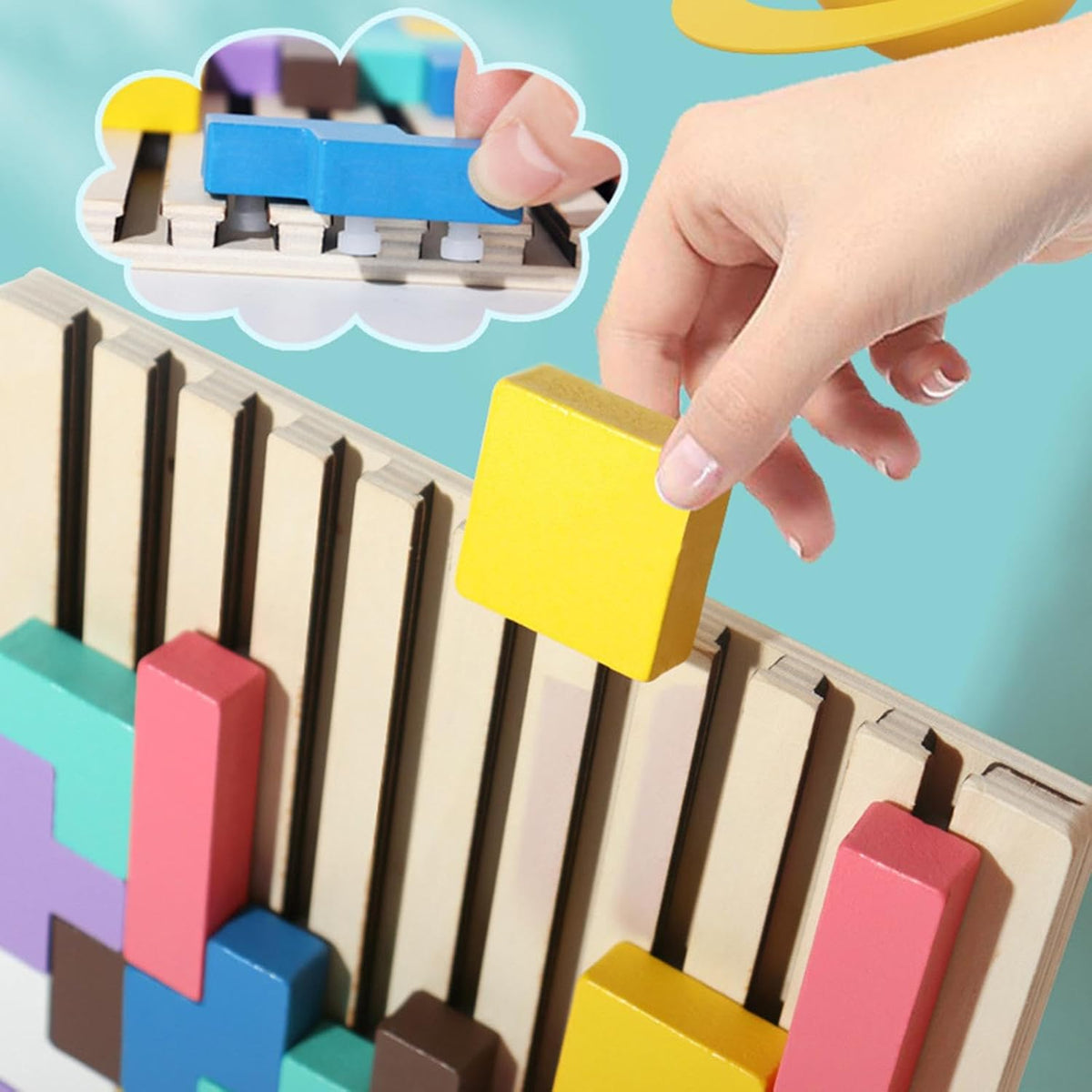 Wooden Tetris Puzzle with Challenge Cards