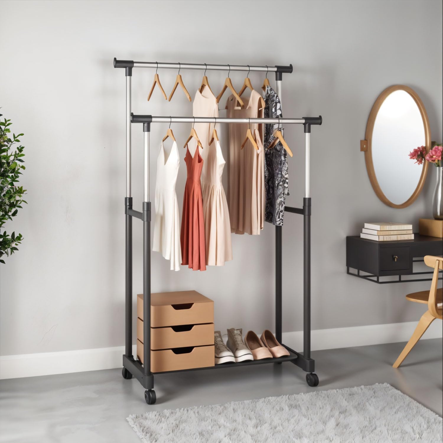 Adjustable Double Rod Rolling Garment Rack
