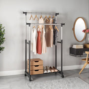 Adjustable Double Rod Rolling Garment Rack