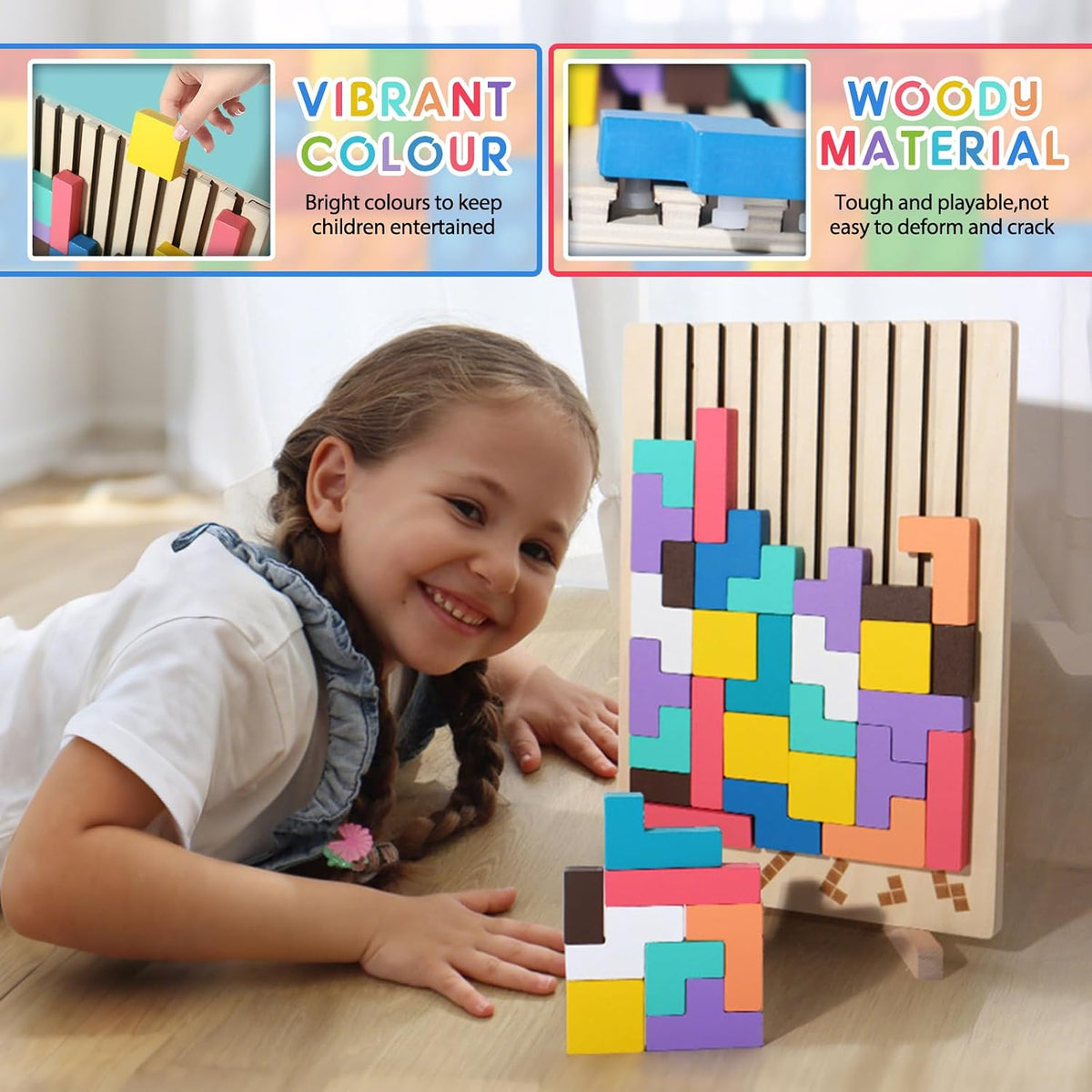 Wooden Tetris Puzzle with Challenge Cards