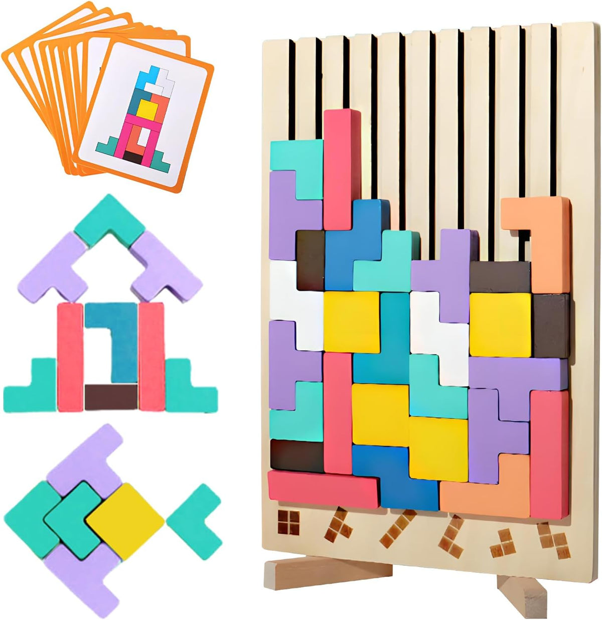 Wooden Tetris Puzzle with Challenge Cards
