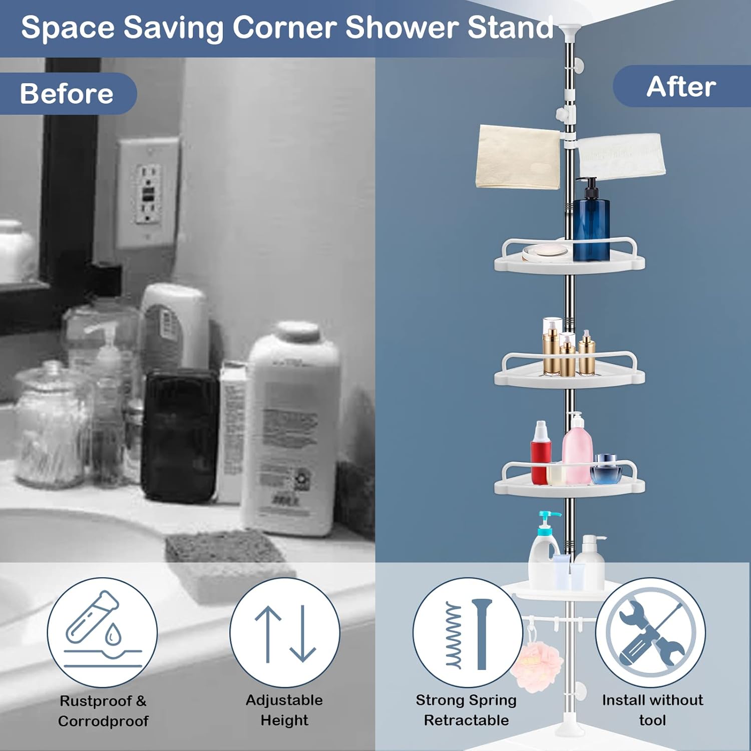 4 Tier Adjustable Shower Corner Shelf