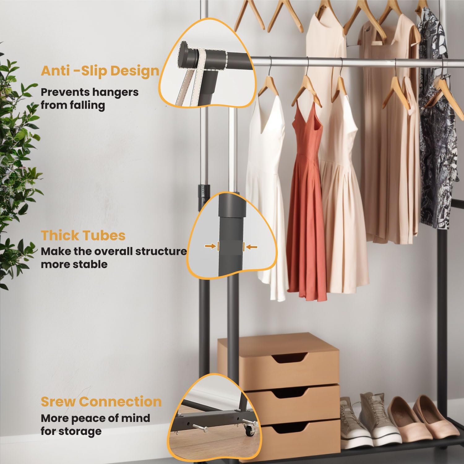 Adjustable Double Rod Rolling Garment Rack