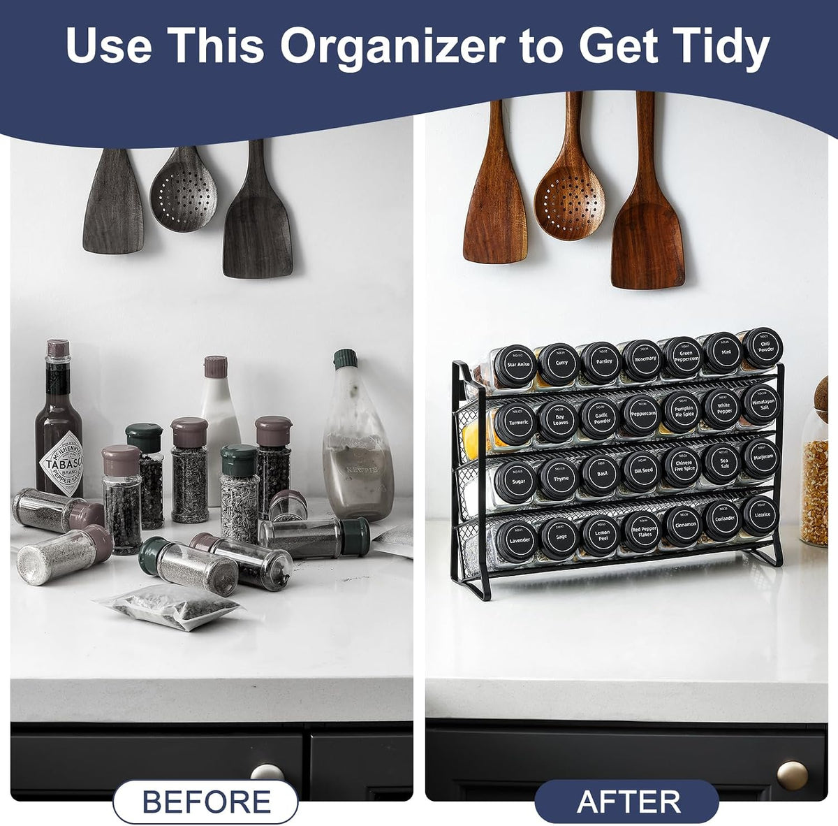 4-Tier Spice Rack with 28 Glass Jars