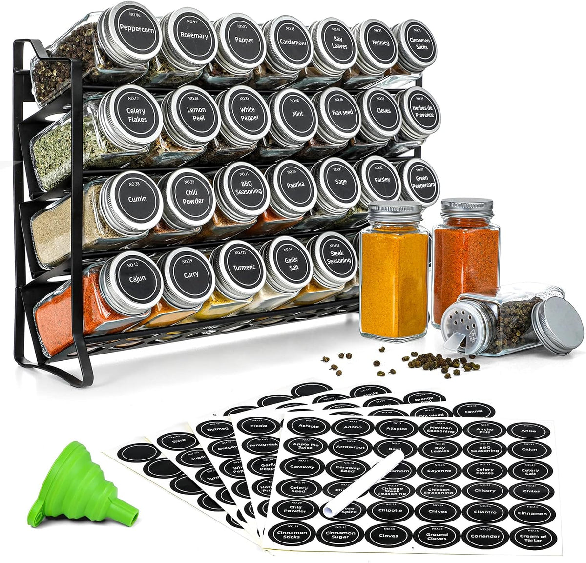 4-Tier Spice Rack with 28 Glass Jars