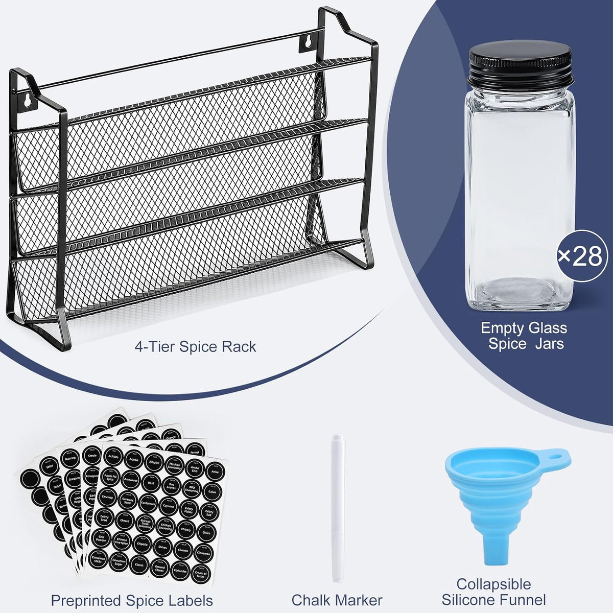 4-Tier Spice Rack with 28 Glass Jars