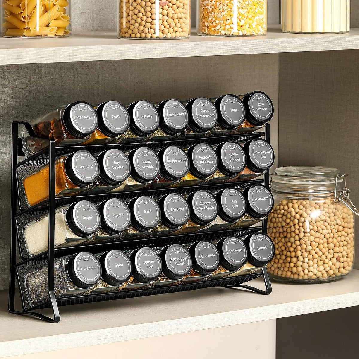 4-Tier Spice Rack with 28 Glass Jars