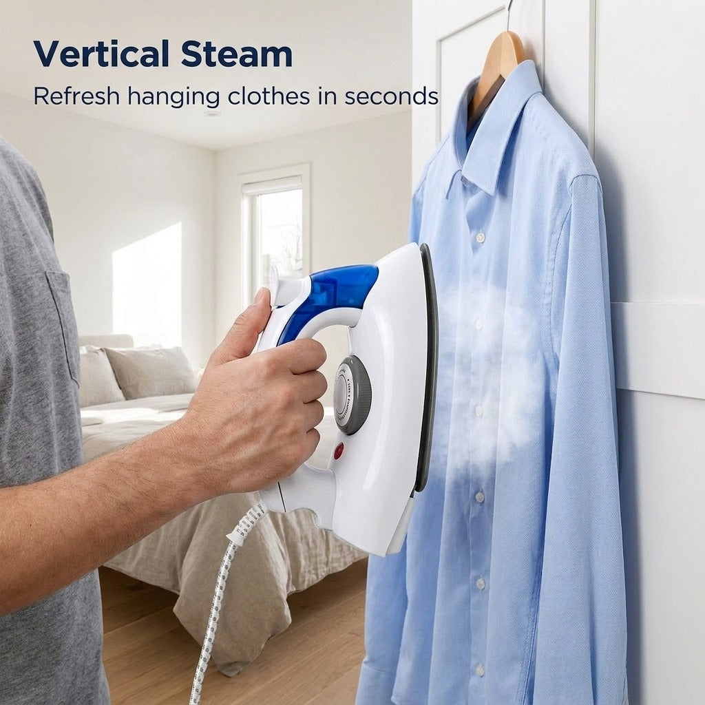 Vertical steaming a hanging shirt with the mini travel steam iron