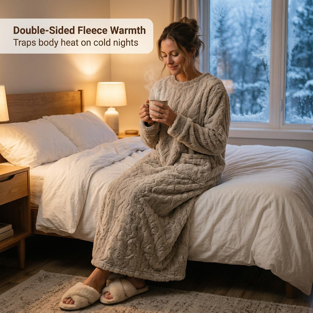 Double-sided fleece warmth - woman in fleece nightdress on a winter night