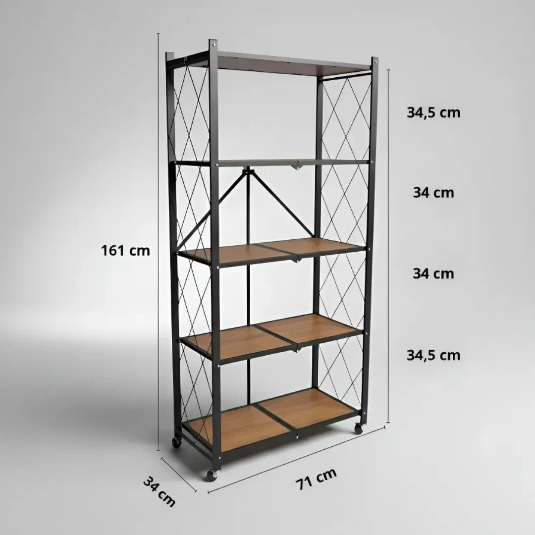 5-Tier Brown Foldable Storage Shelf with Wheels