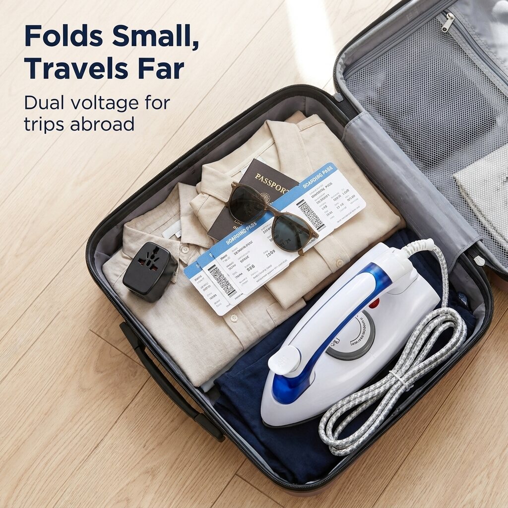 Folded mini travel steam iron packed in a carry-on suitcase