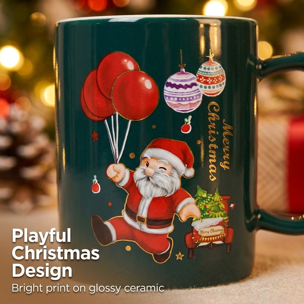 Green Santa mug print close-up