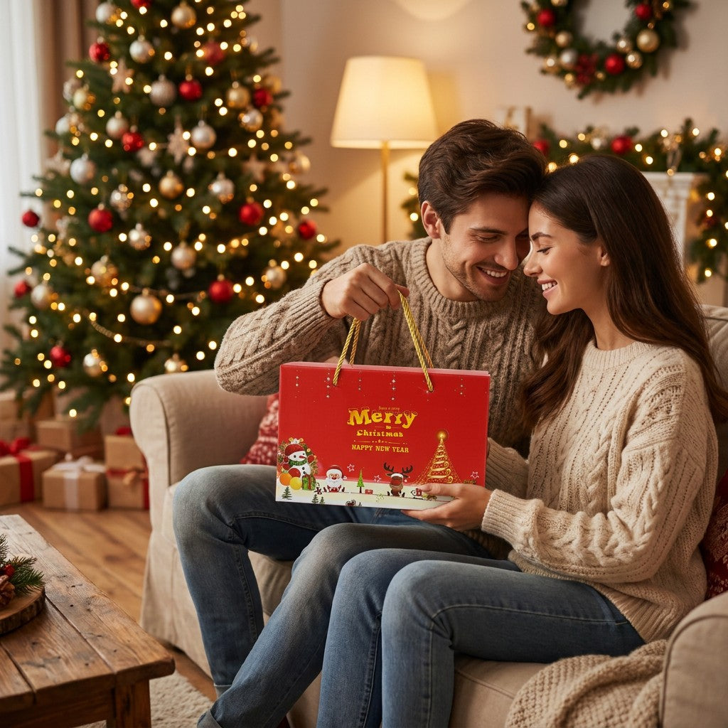 Couple exchanging the Christmas gift box
