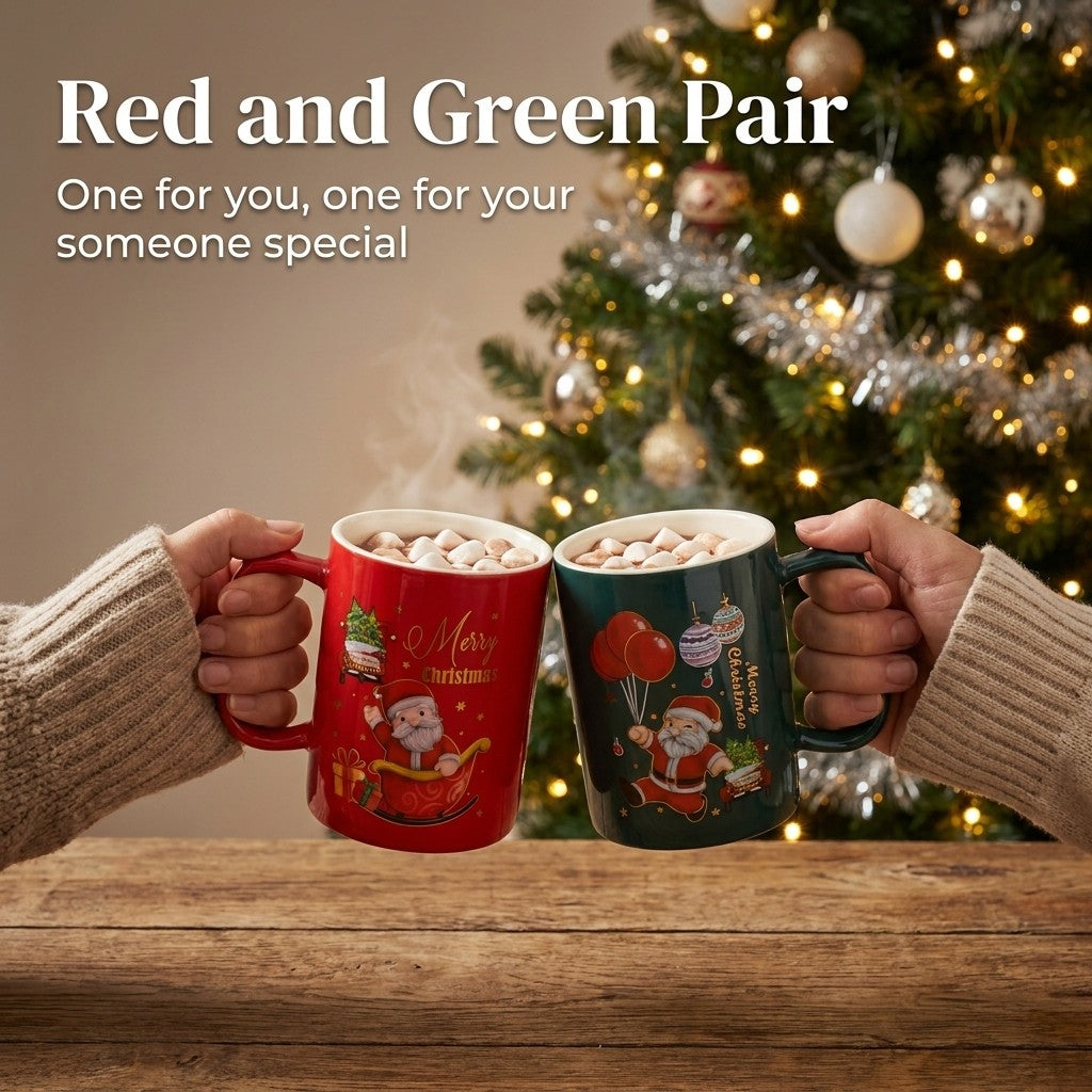 Red and green Christmas mug pair