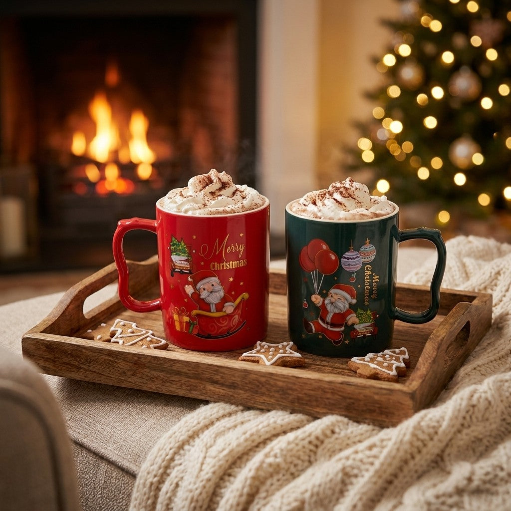 Christmas mugs on a cozy sofa tray