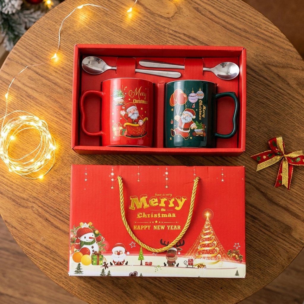 Open gift box with mugs and spoons