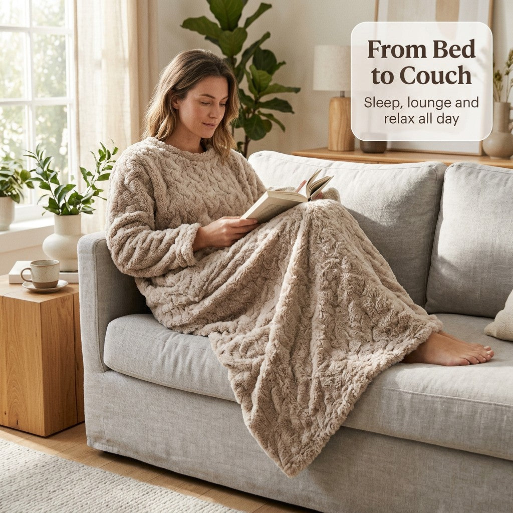 From bed to couch - lounging on the sofa in the fleece nightdress